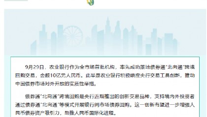 农业银行落地债券通“北向通”跨境回购交易，金额10亿元人民币
